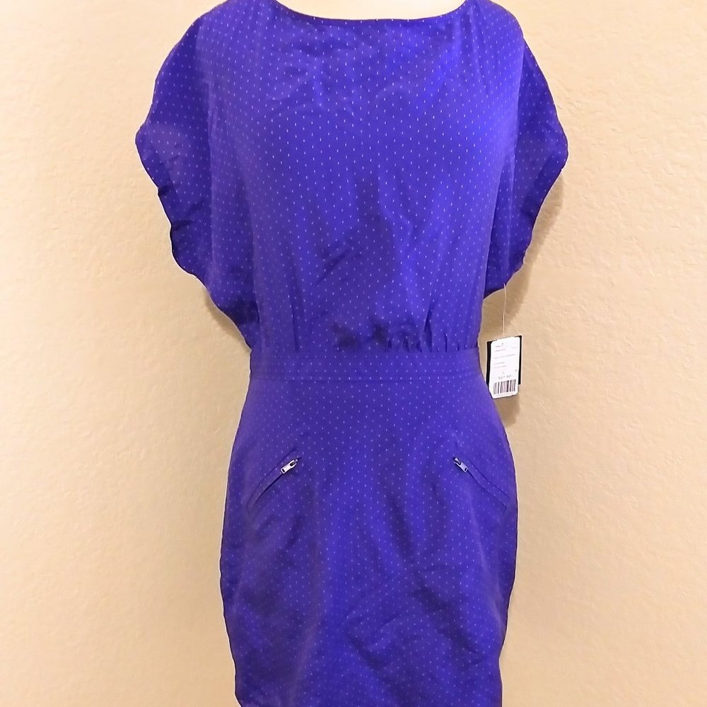 NWT Navy Polka Dot 100% silk draped dress
